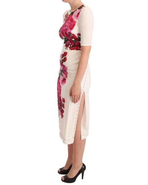 Dolce & Gabbana Red Dolce Gabbana White Floral Printed Crepe Midi Slit Dress