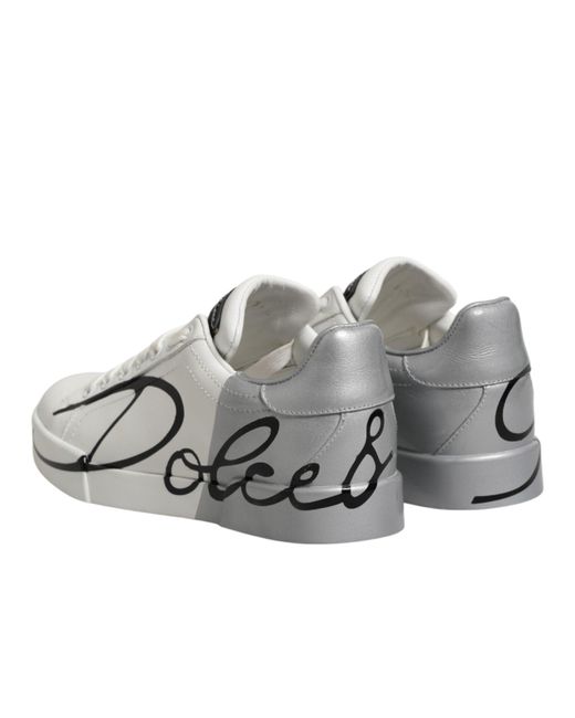 Dolce & Gabbana White Gray Low Top Leather Sneaker Shoes