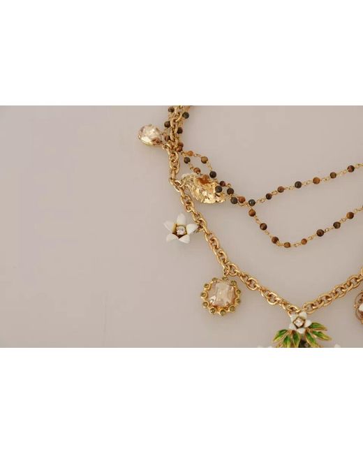 Dolce & Gabbana Black Brass Crystal Floral Statement Charms Necklace