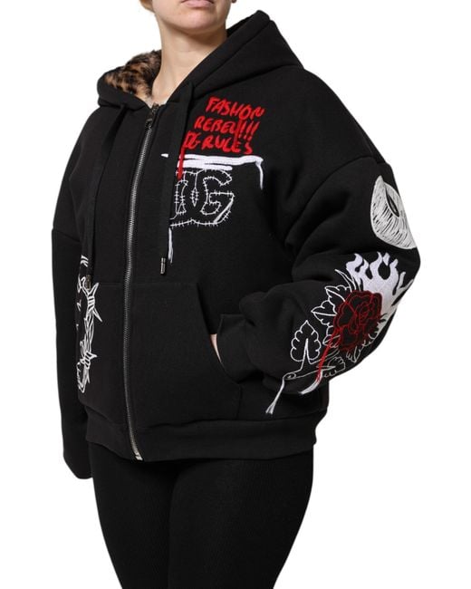 Dolce & Gabbana Black Embroidered Full Zip Hooded Jacket for men