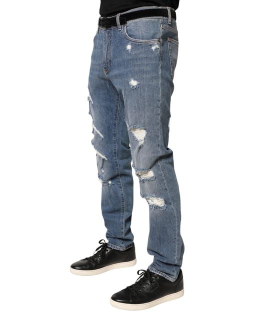 Dolce & Gabbana Blue Tattered Slim Fit Cotton Denim Jeans Elastane Clothing for men