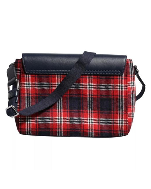Dolce & Gabbana Blue Multicolor Plaid Wool Calfskin Tartan Satchel Bag for men