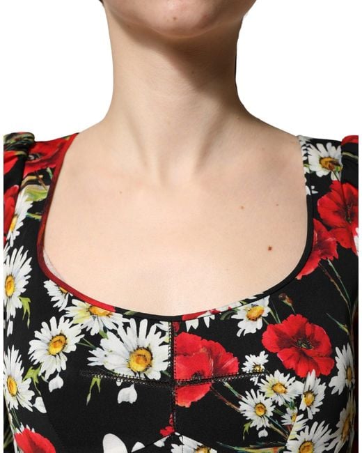 Dolce & Gabbana Red Black Floral Silk Long Sleeves Gown Dress