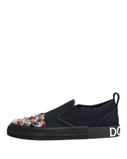 Dolce & Gabbana Black Blue Canvas Embellished Slip On Men Sneakers Shoes for men
