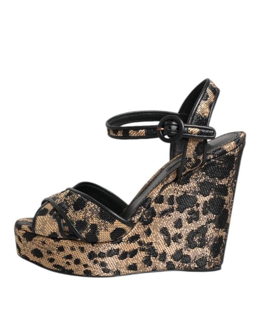 Dolce & Gabbana Black Brown Leopard Wedges Ankle Strap Sandals Shoes