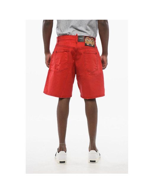DSquared² Red Boxer Fit Distressed Denim Shorts for men