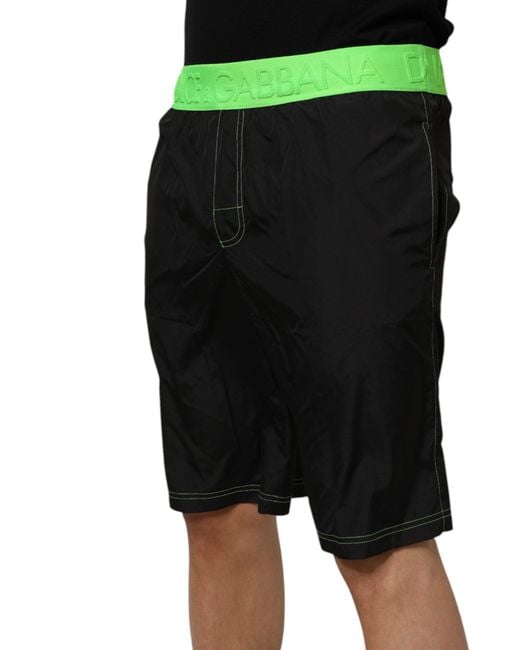 Dolce & Gabbana Black Green Logo Waistband Beachwear Short Swimwear for men