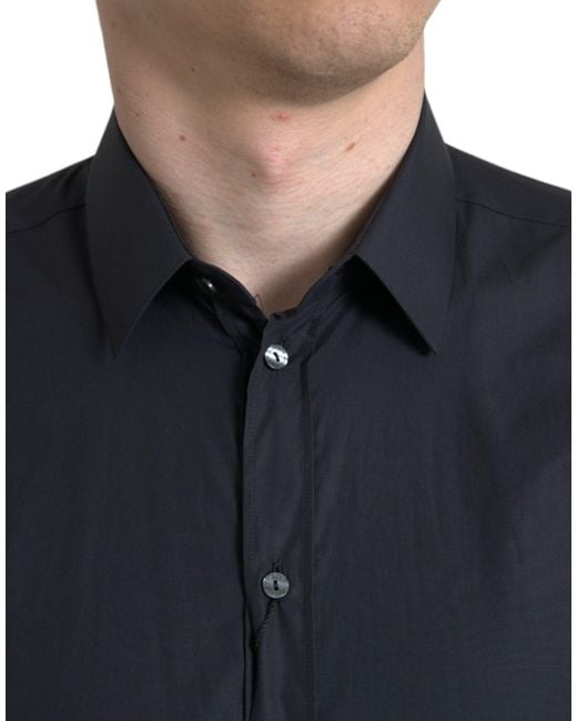 Dolce & Gabbana Black Navy Blue Cotton Collared Formal Dress Shirt for men