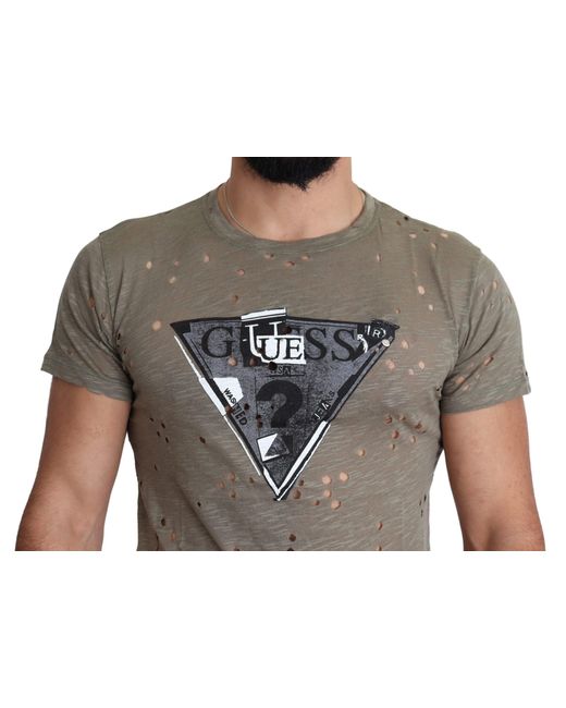 Guess Gray Cotton Stretch Logo Print Casual Perforated T-Shirt for men