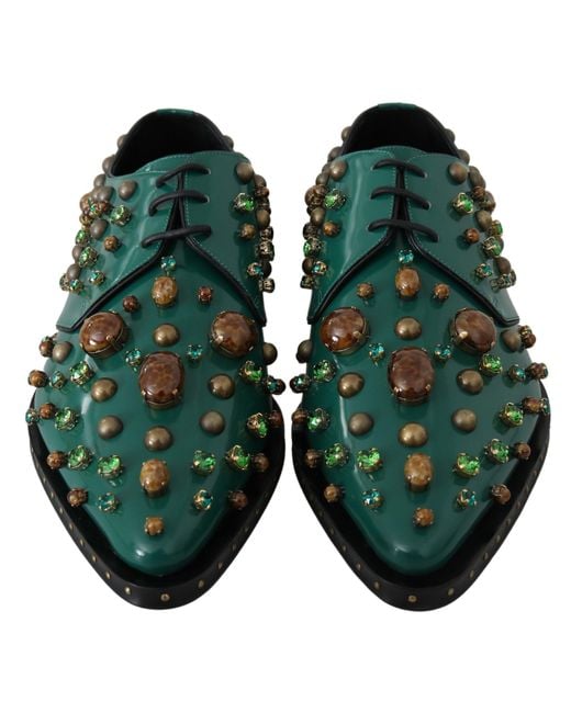 Dolce & Gabbana Green Emerald Leather Dress Shoes With Crystal Accents