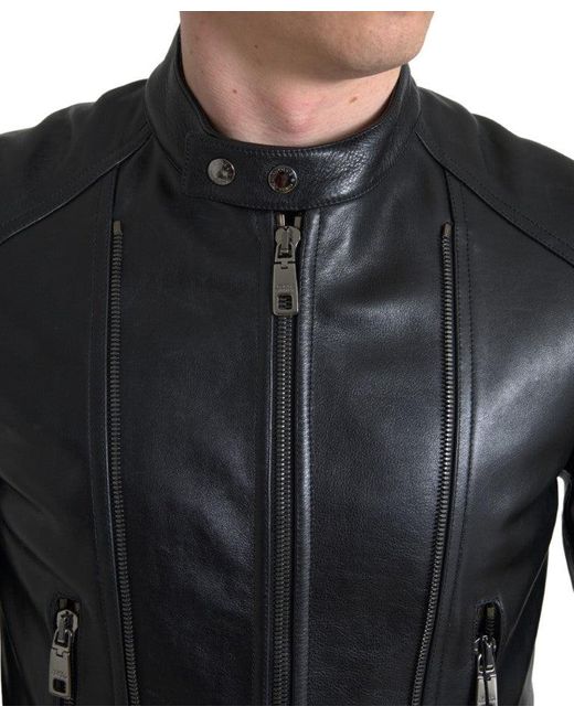 Dolce & Gabbana Black Leather Zipper Coatjacket for men
