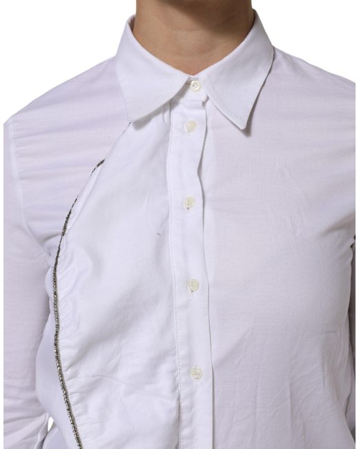 Aglini Blue White Cotton Collared Long Sleeves Ruffle Top Shirt