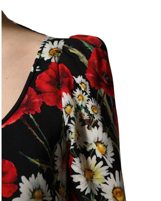 Dolce & Gabbana Red Black Floral Silk Long Sleeves Gown Dress