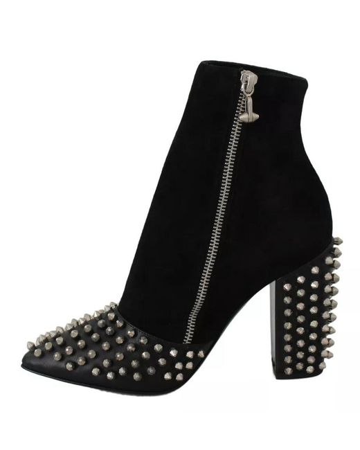 Philipp Plein Black Suede Studded Heels Ankle Boots Shoes