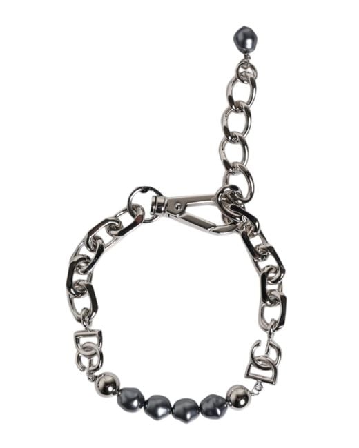 Dolce & Gabbana Metallic Tone Chain Lobster Clasp Logo Pearls Bracelet for men