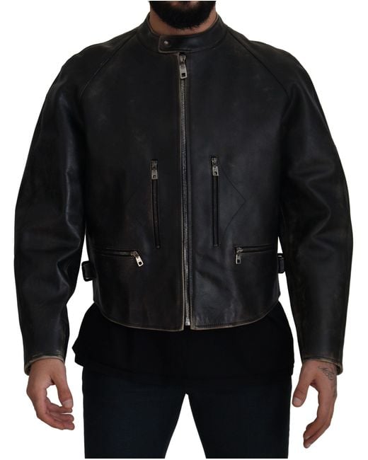 Dolce & Gabbana Black Elegant Leather Jacket With Details for men