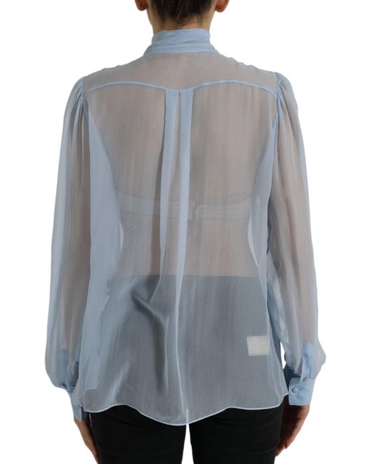 Dolce & Gabbana Blue Long Sleeves Ascot Collar Blouse Top