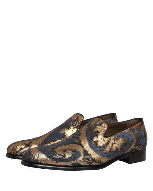 Dolce & Gabbana Gray Blue Brocade Slip On Men Dress Loafers Shoes for men