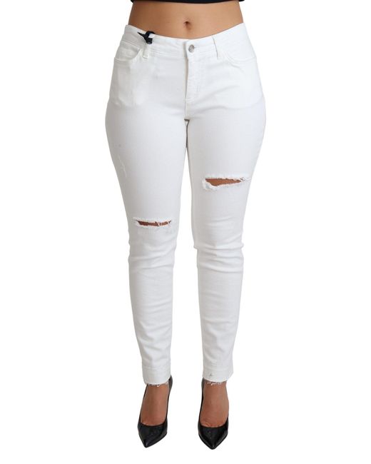 Dolce & Gabbana White Tattered Skinny Denim Cotton Stretch Jeans