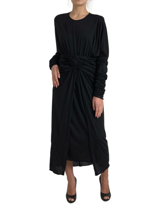 Dolce & Gabbana Black Wool Wrap Sheath Midi Gown Dress