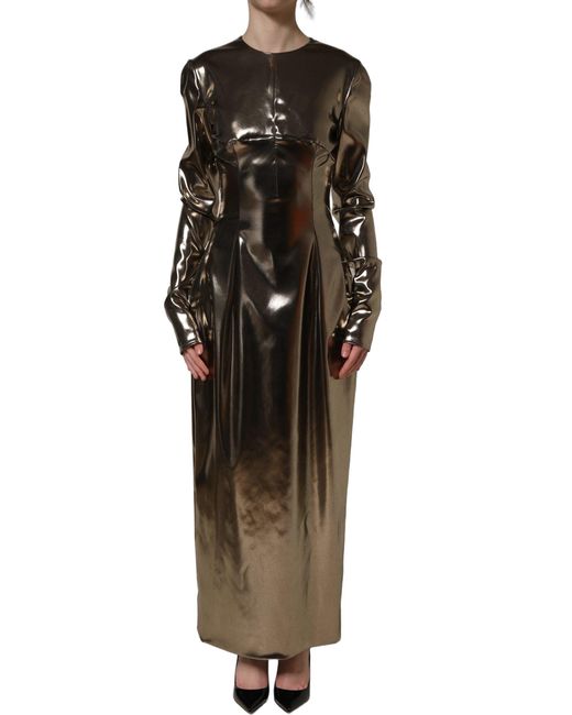Dolce & Gabbana Multicolor Metallic Gold Polyester Longsleeve Maxi Dress