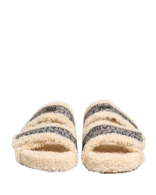 Dolce & Gabbana Natural Beige Faux Fur Logo Print Flats Sandals Shoes for men