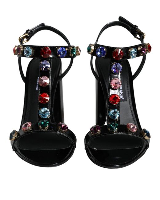 Dolce & Gabbana Black Crystal Leather T-Strap Sandals Shoes