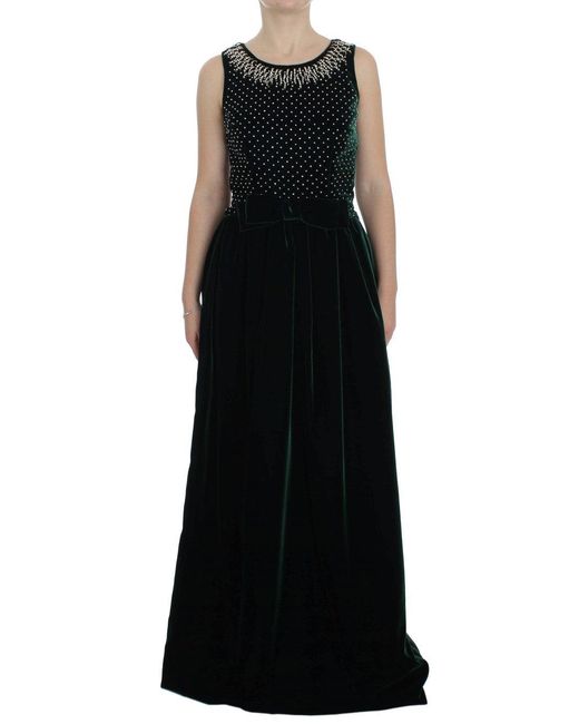 Dolce & Gabbana Black Velvet Crystal Long Maxi Dress