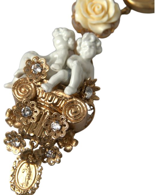 Dolce & Gabbana Metallic Brass Angel Floral Beaded Embellished Necklace