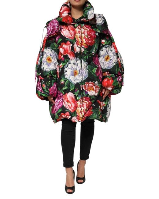 Dolce & Gabbana Red Multicolor Floral Hooded Puffer Coat Jacket