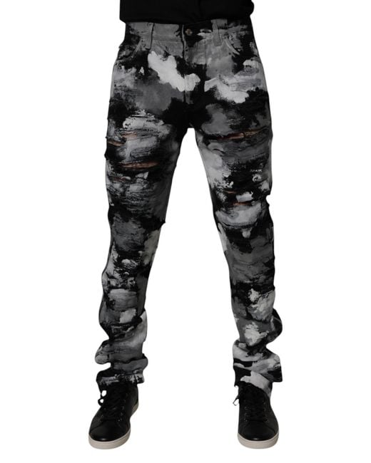 Dolce & Gabbana Black Camouflage Tattered Skinny Denim Jeans for men