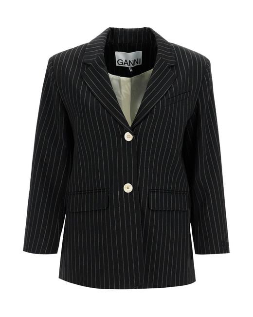 Ganni Black Striped Boxy Blazer