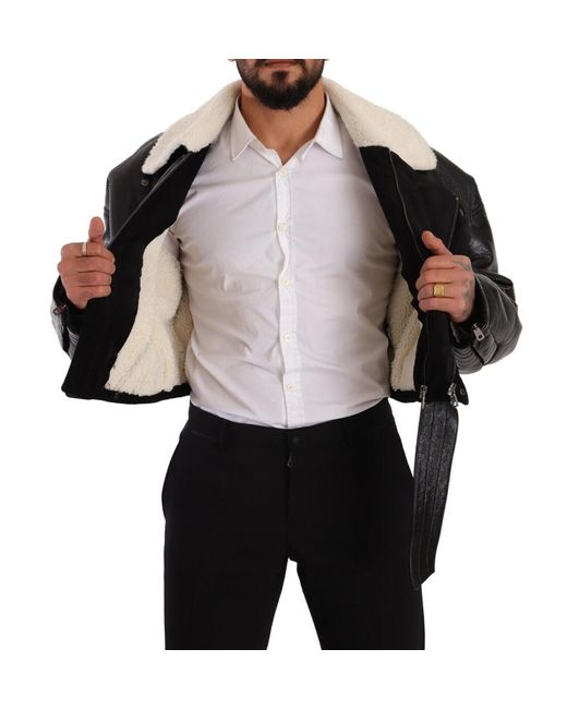 Dolce & Gabbana Black Leather Shearling Biker Coat Jacket Lamb Leather for men