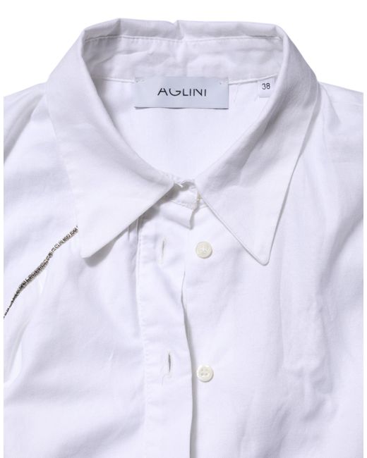Aglini Blue White Cotton Collared Long Sleeves Ruffle Top Shirt