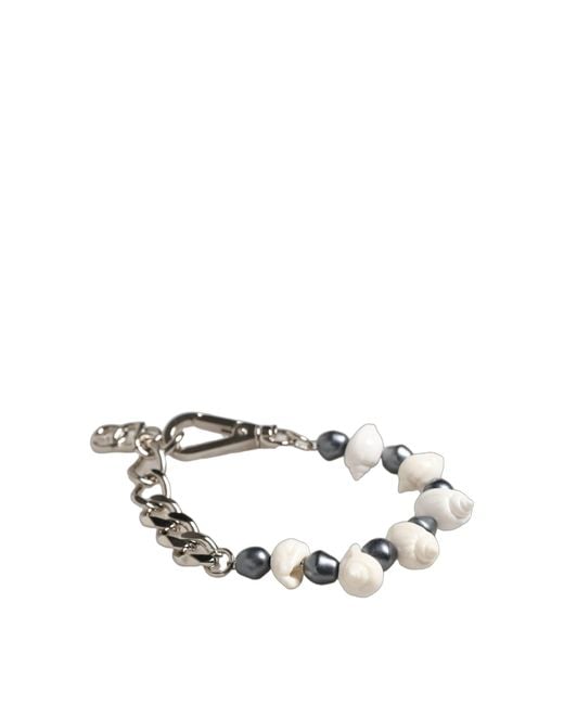 Dolce & Gabbana White Silver Tone Brass Beaded Shell Dg Logo Pendant Bracelet