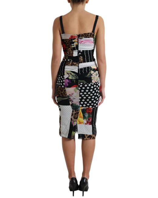 Dolce & Gabbana Black Patchwork Midi Floral Leopard Bodycon Dress
