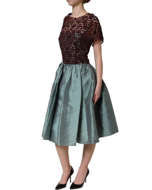 Dolce & Gabbana Purple Multicolor Floral Lace Taffeta Pleated Midi Dress