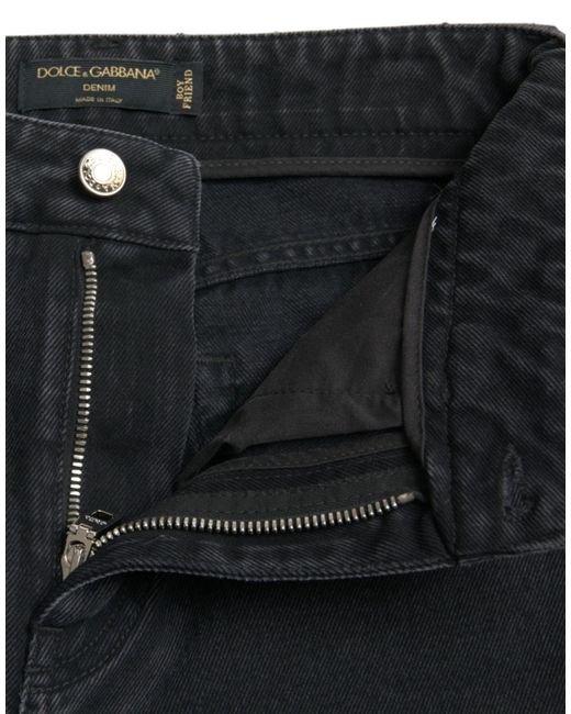 Dolce & Gabbana Black Cotton High Waist Tattered Denim Jeans