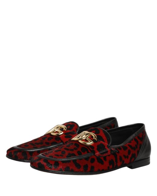 Dolce & Gabbana Red Leopard Print Pony Hair Dress Loafers Shoes for men
