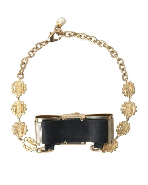 Dolce & Gabbana Metallic Brass Clear Crystal Bow Chain Choker Necklace