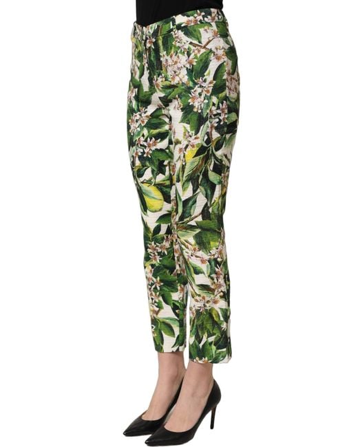 Dolce & Gabbana Green White Floral Print Cropped Straight Pants