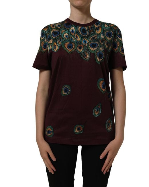 Dolce & Gabbana Blue Burgundy Peacock Feather Round Neck T