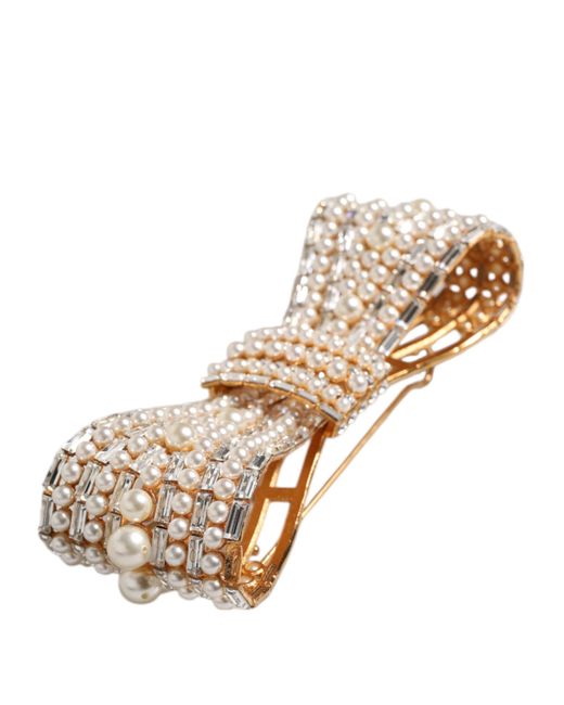 Dolce & Gabbana Metallic Tone Brass Bow Crystal Fauxpearl Embellished Brooch