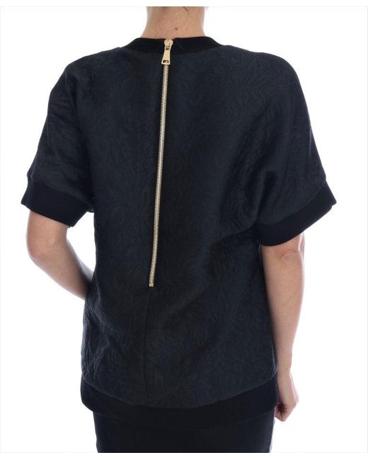 Dolce & Gabbana Blue Brocade Cocktail Crystal Sweater