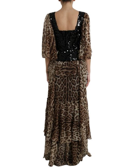 Dolce & Gabbana Multicolor Brown Leopard Sequined Tiered Long Gown Dress