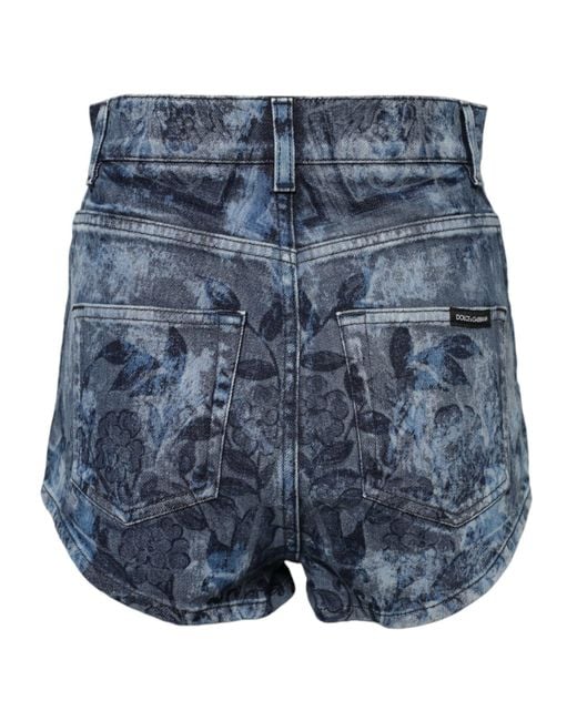 Dolce & Gabbana Blue Floral Print Denim Cotton Hot Pants Shorts