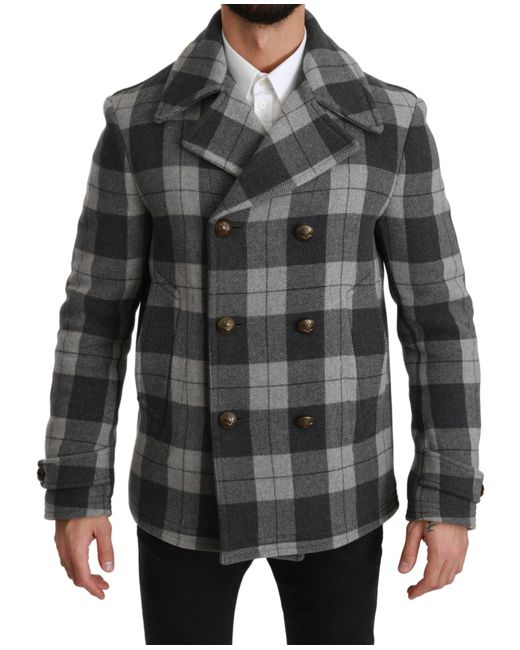 Dolce & Gabbana Black Elegant Check Double Breasted Coat for men