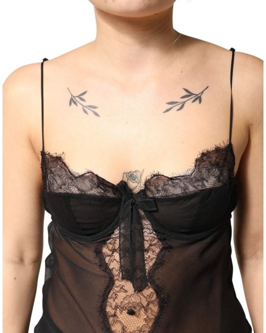 Dolce & Gabbana Black Silk Floral Lace Chemise Lingerie Top