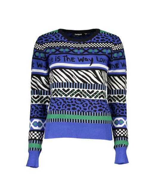 Desigual Blue Elegant Crew Neck Sweater With Contrast Details