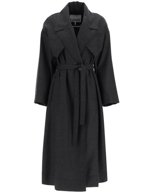 Ganni Black Wool Blend Oversized Trench Coat